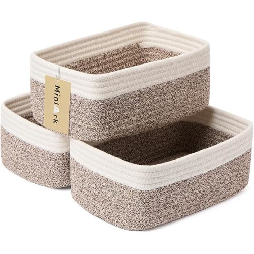 Small Storage Baskets for Organizing | Closet Organizer Bins | Shelf Toy Basket | Woven Rope Baskets | Cube Decorative Box | Shallow Basket | 11.5x7.5x4.7” | 3 Packs White Brown