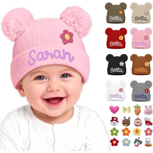 Custom Name Baby Beanie for Boys Girls, Personalized Hand Embroidered Winter Knit Hats Gifts for Toddlers Kids Adults