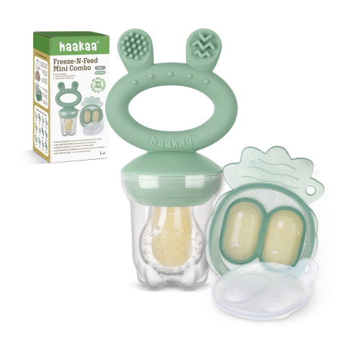Haakaa Baby Fruit Food Feeder & Mini Freezer Nibble Tray Combo, Breastmilk Popsicle Molds for Cooling Relief, BPA Free Silicone Feeder for Safe Infant Self Feeding, 4 Month+ (Pea Green)