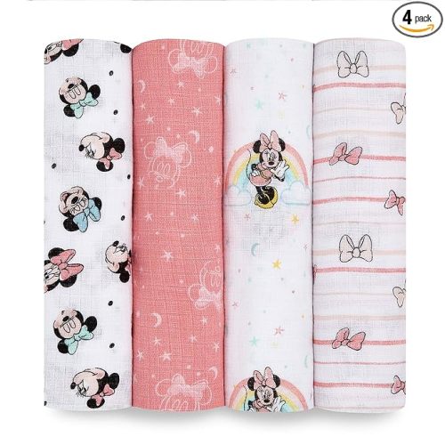 aden + anais Aden Swaddle Blanket, Muslin Blankets for Girls & Boys, Baby Receiving Swaddles, Ideal Newborn Gifts, Unisex Infant Shower Items, Wearable Swaddling Set, 4 Pk, Minnie Mouse Rainbows