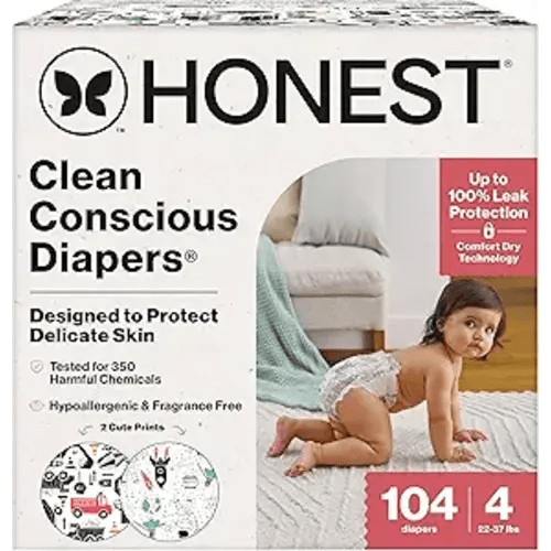 The Honest Company Comfort Dry Disposable Diapers for Sensitive Skin, Hypoallergenic, Space Travel + Big Trucks, Super Club Box Size 4 (22–37 lbs) 104 Count