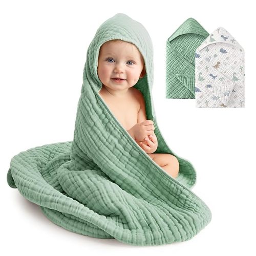 Baby Bath Towels, 100% Muslin Cotton Hooded Baby Towels for Newborn, 2 Pack Baby Towels with Hood for Infant Toddler and Kids, Large 32x32Inch Unisex Bath Essentials, Soft and Absorbent