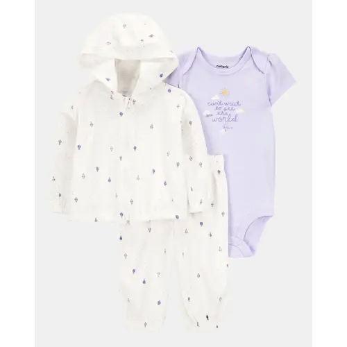 Baby Girl 3-Piece Hot Air Balloon Print Little Cardigan Set - White/Purple | Carter's
