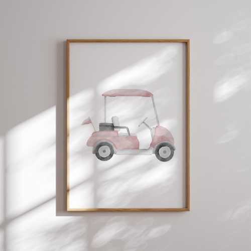 Pink Golf Watercolor Print: Vintage Sports Nursery Decor - Golf Cart