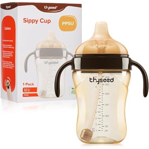 Thyseed Spill-Proof Weighted Straw Sippy Cup, Baby Transition Trainer, Soft Silicone Spout, BPA-Free, 6m+, 10 oz, 1 Pack