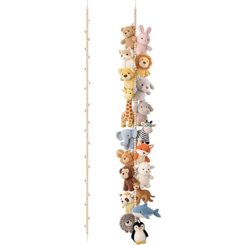 Mkono 2 Pack Hanging Stuffed Animal Storage Hanger Nursery Wall Decor Boho Wood Beads Plushies Holder Display with 40 Clips Hanging Baby Hat Socks Photo Artwork for Kids Room Playroom Bedroom, 76”