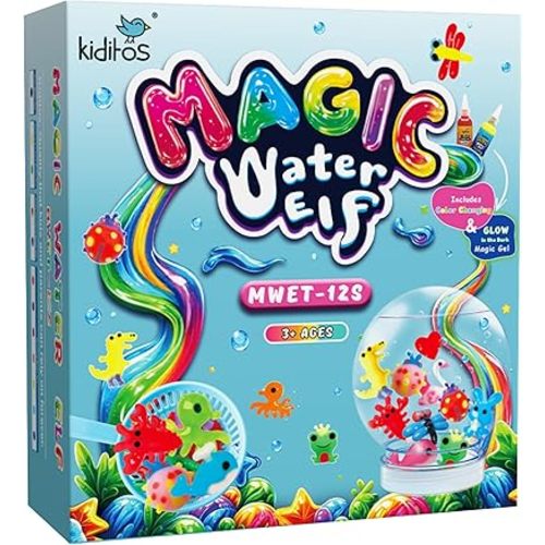 Kiditos Magic Water Elf Toy Kit – Squishies for Kids, 12 Gels + 10 Molds & 1 Bottle, Magic Gel Water Pets Sensory Toy, DIY Craft Kit & Refill, Party Favors, Birthday & Christmas Gifts for Kids Ages 3+