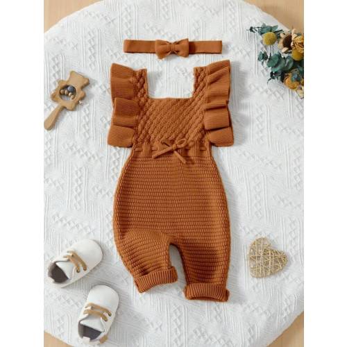 SHEIN Playful Pals Baby Girls Cute & Casual Ruffled Jacquard Knitted Romper For Babies, Khaki And Caramel With Heart Patterns, Fall/Winter New | SHEIN USA