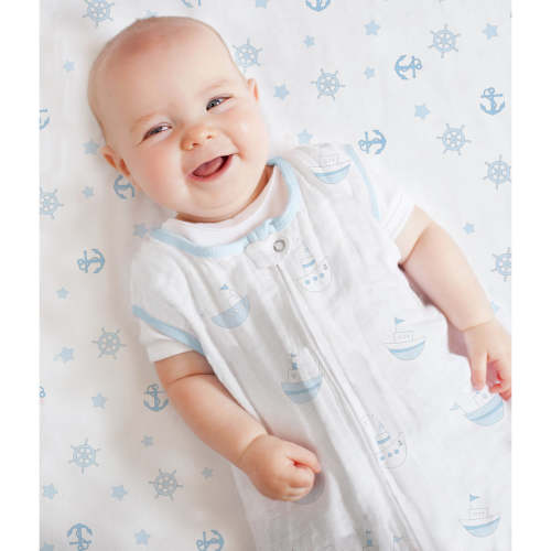Muslin Fitted Crib Sheet - Ahoy! Nautical, Pastel Blue & Blue – SwaddleDesigns