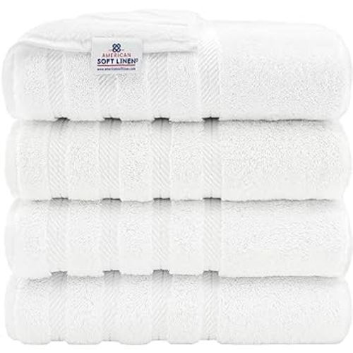 American Soft Linen Luxury 4 Piece Bath Towel Set, 600 GSM 100% Cotton Turkish Bath Towels for Bathroom, 27x54 in Extra Large Bathroom Shower Towels, White