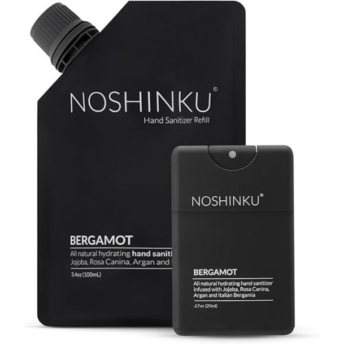 Noshinku Bergamot Pocket Hand Sanitizer Refill Kit: Refill Pouch + Sprayer Bundle | Organic Antibacterial Sanitizing Mist with Moisturizing Oils | FDA Registered | 70% Sugarcane Derived Alcohol