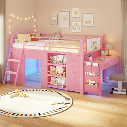 ADORNEVE Low Loft Bed with Desk and 5 Storage Drawers,Twin Loft Bed with Bookshelf and Blackboard,LED Lights & Under-Bed Play Space,Kids Loft Beds with 14''H Safety Guardrail,Inclined Ladder, Pink