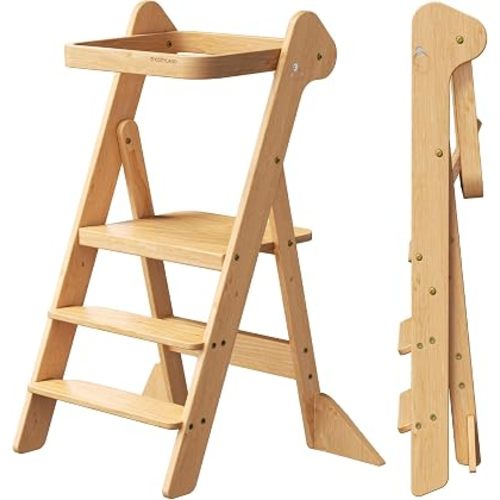 COSYLAND Foldi Foldable Toddler Kitchen Stool - Adjustable Height Toddler Standing Tower with Net & Safety Feet, IF Award-Winning Wooden Learning Step Tower for Kids Ages 18M-6Y, Natural