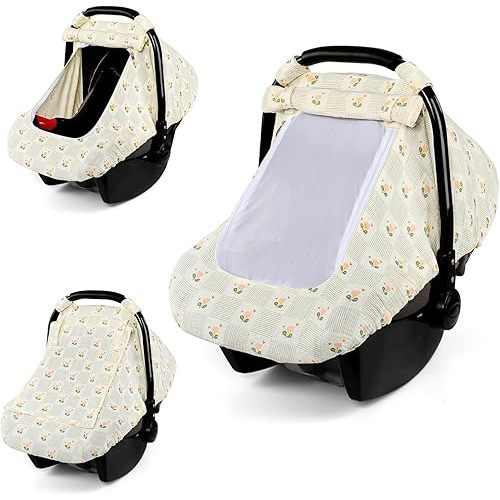 Car Seat Cover Baby, HNHUAMING Muslin Cotton Carseat Covers for Babies Girls Boys Summer Infant Car Seat Covers Canopy, Cozy Newborn Carseat Covers Stroller Cover with Breathable Mesh Window, Floral