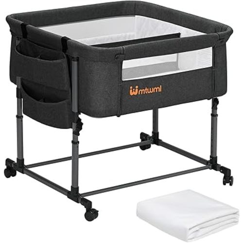 MTWML Twin Bassinet for 2 Babies, Portable Twins Crib with Storage Bag and Replaceable Mattress Cover, Adjustable Height Double Bedside Crib Attaches to Bed with Strap for 0-6 Months, Black