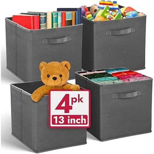 Reli. 13x13x13 Storage Cube Bins (4 Pack) | Large Cube Organizer Bins | 13x13 Fabric Storage Boxes | Fits Kallax | Collapsible, Foldable Fabric Cubby Box (Square) | Kids Room Organization (Dark Gray)