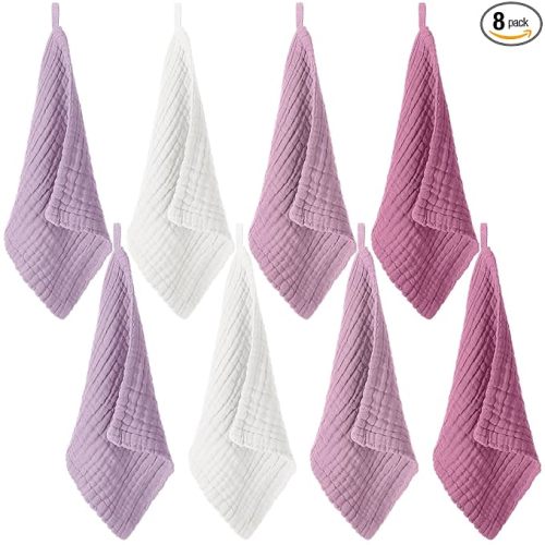 8 Pcs Baby Washcloths for Newborn 12 x 12 Inch Muslin Face Towels Cotton Absorbent for Delicate Skin Soft Muslin Cloth Reusable Baby Registry as Shower Gift, 4 Colors(Purple Color)