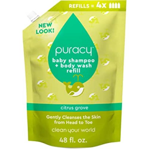 Puracy Shampoo & Body Wash for Children Refill - Perfect Skin, Pure Ingredients - with 12 Fruit & Vegetable Extracts for Silky Smooth Skin, Gentle Citrus Grove Aromas, 98.8% from Mother Nature, 48 Oz