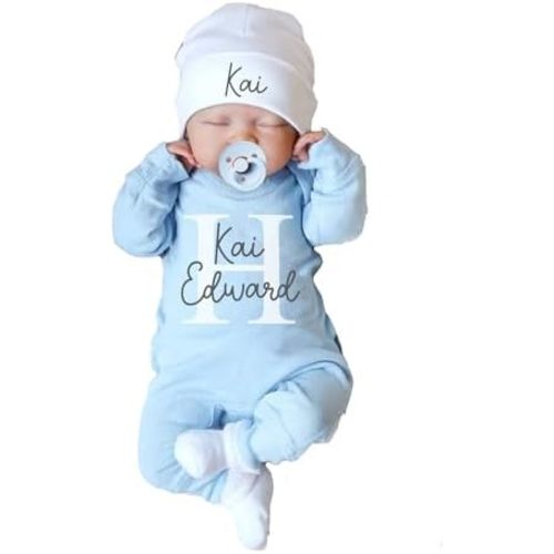 Personalized Newborn Coming Home Outfit,Custom Baby Bodysuit and Hat with Name,Newborn Long Sleeve Rompers (Style 2)