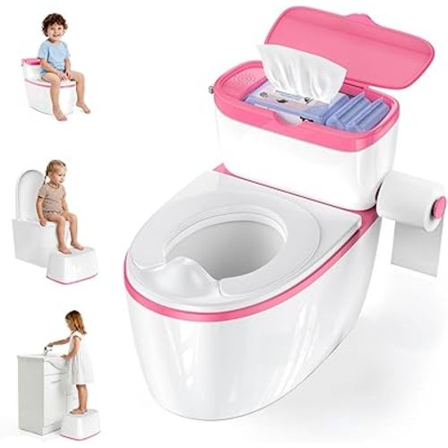 3-in-1 Toddler Potty Training Toilet with Flushing Sound, Wipes Storage & Toilet Paper Holder, Realistic Potty Chair with Detachable Seat and Easy-Clean Design for Boys & Girls Ages 18+ Months (Pink)