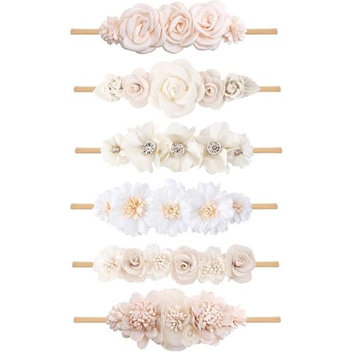 OOSAKU Baby Girl Flower Headbands Set Elastic Floral Headbands 6pcs Soft Nylon Hair Band for Newborn Toddler Hair Accessories