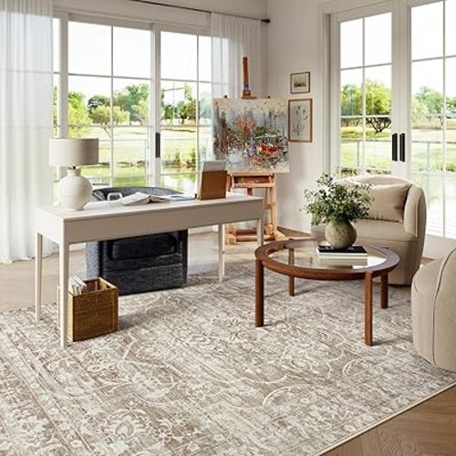 Lahome 4x6 Area Rug Living Room - Washable Office Rug Soft Dorm Rugs for Bedroom Non-Slip Ultra-Thin,Neutral Boho Print Farmhouse Indoor Rug for Entryway Classroom Taupe, 4'x6'