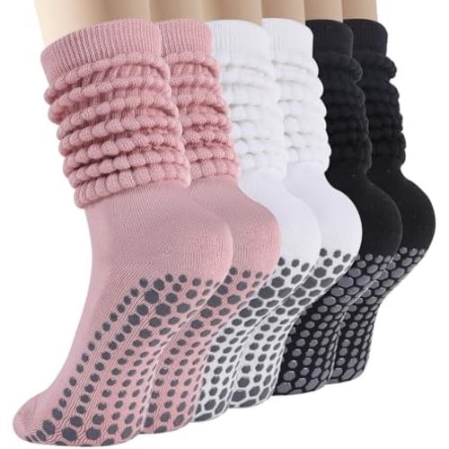 BISOUSOX Pilates Slouch Scrunch Grip Socks, Yoga Slipper Warm Cozy Ankle Crew Grippy Long Barre Socks Women Hospital