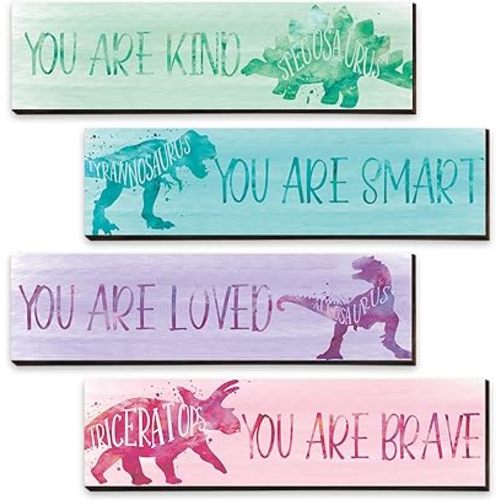 Yalikop 4 Pcs Dinosaur Room Decor for Boys, Inspirational Posters Wall Plaque for Kids Bedroom Nursery Classroom Dinosaur Prints Wall Art Decor (Pink Colors,12 x 3 Inch)