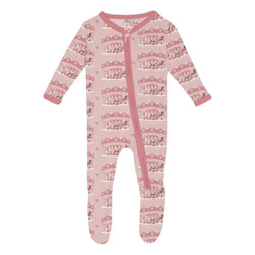 Print Footie with 2 Way Zipper in Baby Rose Fair Carousel