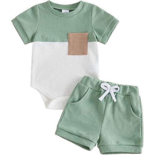 Sejardin Infant Baby Boy Summer Clothes Contrast Color Short Sleeve Romper and Stretch Shorts Newborn 3 6 12 18M Outfit