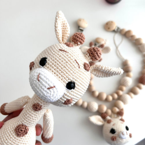 Crochet Giraffe Set: Organic Cotton Baby Rattle & Pacifier Holder