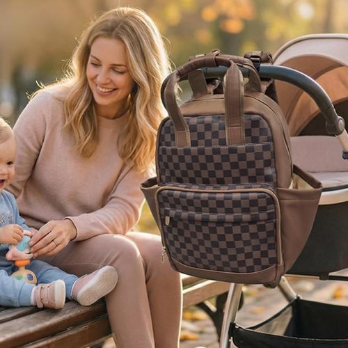 miss fong Small Diaper Bag - Baby Diaper Bag Backpack Checkered Diaper Bag with Changing Pad for Travel Daycare Mommy Diaper Backpack for Mom & Dad -Coffee