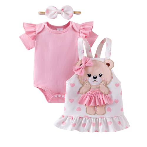 FOCICI Baby Girl Clothes Newborn Suspender Skirt Short Sleeve Ruffle Romper + Cute Love Bear Dress + Bow Headband 0-18 Months