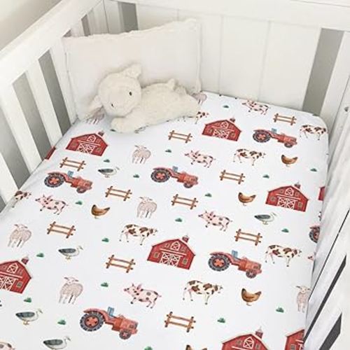Watercolor Farm Animals Baby Crib Sheet 52''x28'' Farmhouse Barn Chicken Pig Duck Tractor Fitted Crib Mattress Sheet Covers for Boy Girl Baby Nursery Bed Sheets for Standard Crib Mattress