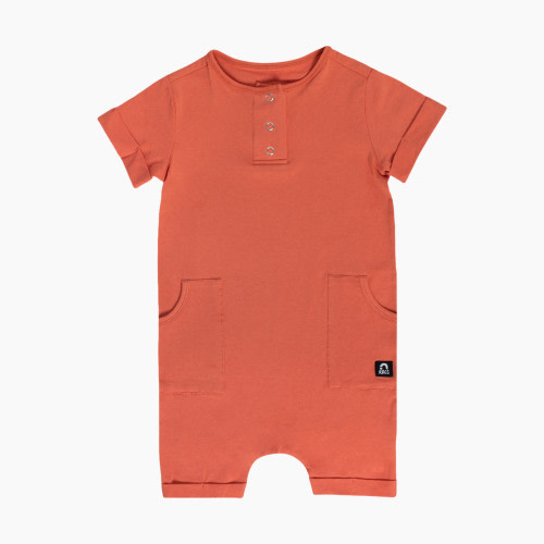RAGS Short Rolled Sleeve Henley Romper with Pockets - Apricot Brandy, 3-6M