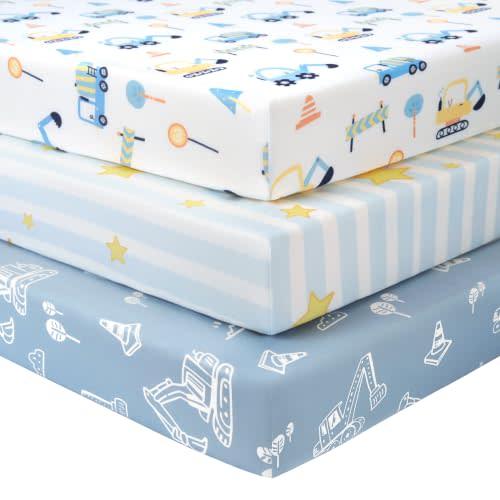 Baby Mini Crib Sheets Boy, Portable 38”x26” Pack and Play Sheets Fitted for Playard and Pack N Play Mattress, 3-Pack Soft Microfiber Blue Truck
