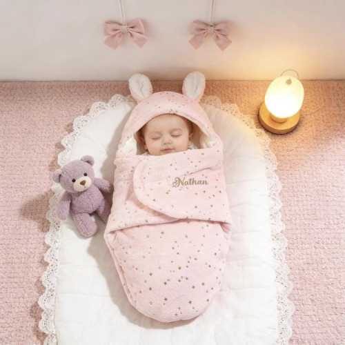 Personalized Baby Sleeping Bag, Custom Name Flannel Swaddle with Rabbit Ears, Cozy Newborn Gift for Photo Shoot, Winter Christmas Present