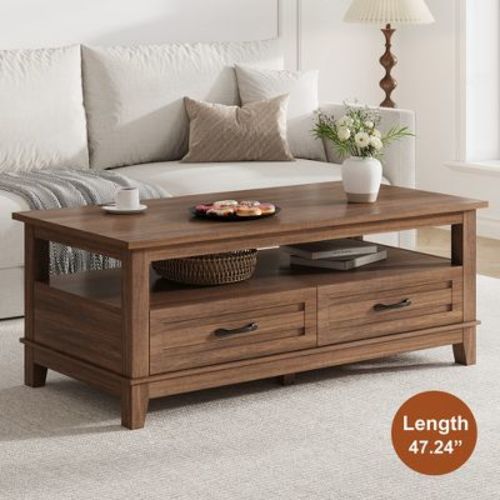 Garvee Farmhouse Coffee Table with Drawers, 47.2" Center Table Rustic Coffee Tables Walnut Living Room Table