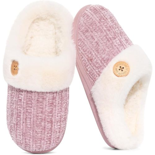 Evshine Warm Knit House Slippers for Women Comfy Wool-Like Lined Chenille Slippers with Memory Foam and Indoor Outdoor Soles