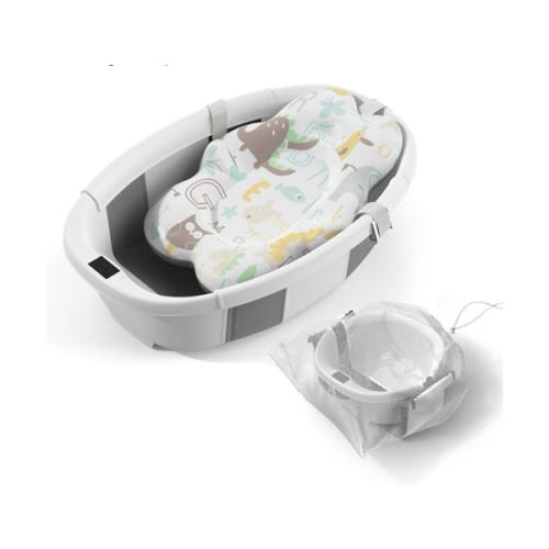 Collapsible Baby Bathtub, 3s to Install, Baby Bath Tub with Soft Cushion & Thermometer, 0-36 Months Newborn Bathtub, Portable Travel Baby Tub, Grey