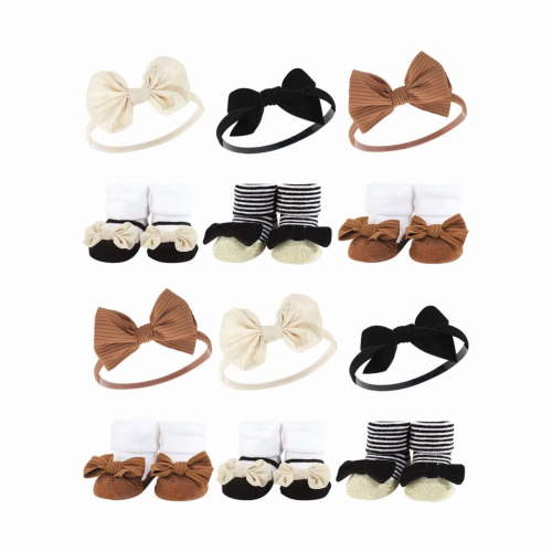 Hudson Baby Infant Girl 12Pc Headband and Socks Giftset, Black Stripe Neutrals, One Size