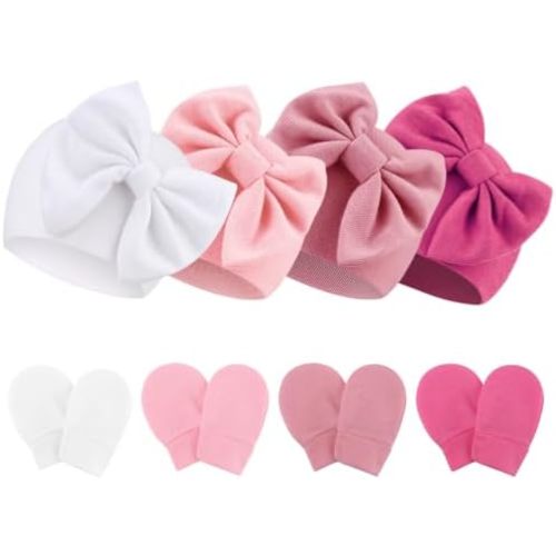 Newborn Baby Hats and Mittens Set Infant Bow Beanie Cap Toddler Gloves Newborn Hospital Hats for Baby Boy Girl 0-6 Months