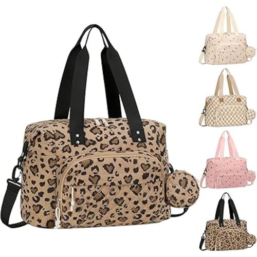 Corduroy Diaper Bag Tote, Baby Bag Travel Diaper Tote Bag with Pacifier Case, Large Tote Diaper Bag for Women, Baby Diaper Bags For Baby Girl Boy Mom Maternity Hospital Bag, Leopard Print