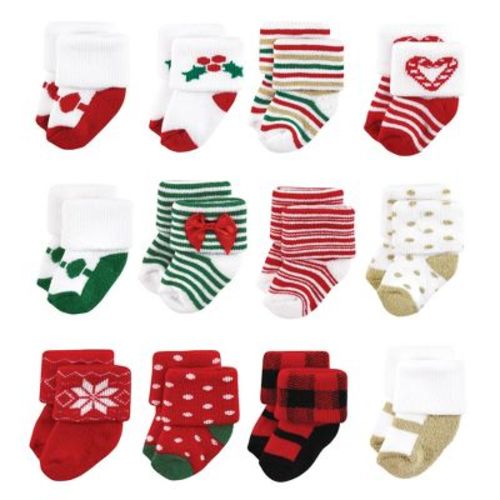 Hudson Baby Basics Infant Baby Cozy Terry Baby Sock 12-Pack, Holiday Cheer, 0-6 Months