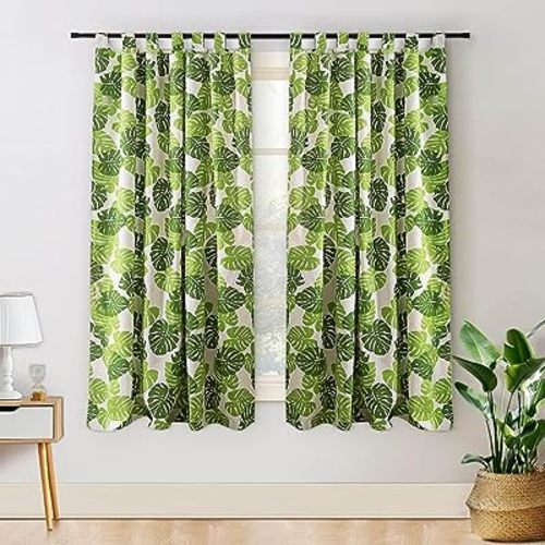 BROSHAN Short Bedroom Window Curtains 63 inches Long 2 Panels-Jungle Forest Green Leaf Patterned Printed Light Filtering Linen Curtains for Tropical Living Room Kitchen Decor, 55 W x 63 L