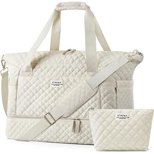 ETRONIK Travel Bag for Women, 48L Gym Duffel Bag with Shoes Compartment, Weekender Overnight Bag with Wet Pocket for Women Travel Gym Daily Use, Large Size (Beige)