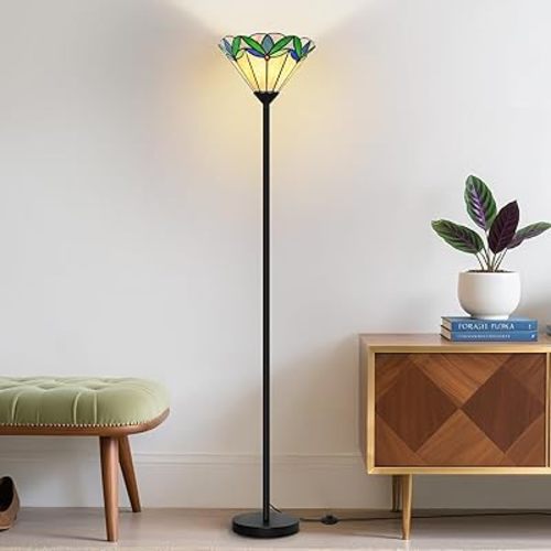 Floor Lamp with Tree Leaf Stained Glass Shade, Torchiere Floor Lamp, Tall Corner Pole Lamp with Foot Switch, Vintage Style Decorative Standing Reading Light for Living Room Bedroom(E26 Base)