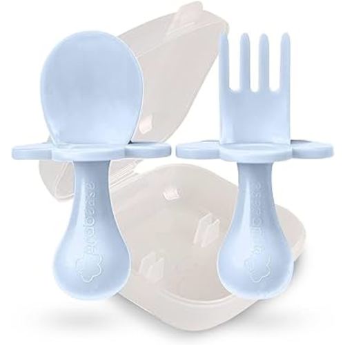 Grabease Baby Spoon & Fork Set with Case - Ergonomic Baby Utensils for Tiny Hands - Short Spoons for Self-Feeding - Training Fork for Toddlers - Ice Blue, Pack of 1