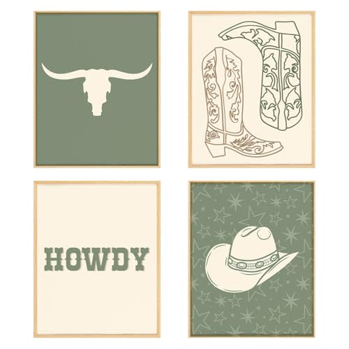 BRRNYOI Sage Green Western Wall Art Posters Set of 4, Cowboy Nursery Decor, Western Cow Skull Cowboy Hat Boots Canvas Prints Wall Decor for Boys Bedroom Home Living Room, 8x10 Unframed