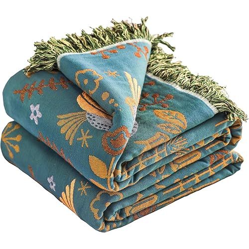 VANJOROY Boho Large Throw Blanket for Bed, 100% Muslin Cotton Soft Breathable Throw-Floral Bird Rustic Decor Blanket for Couch Sofa Quilt and Gift, 60" x 80"-Teal/Beige